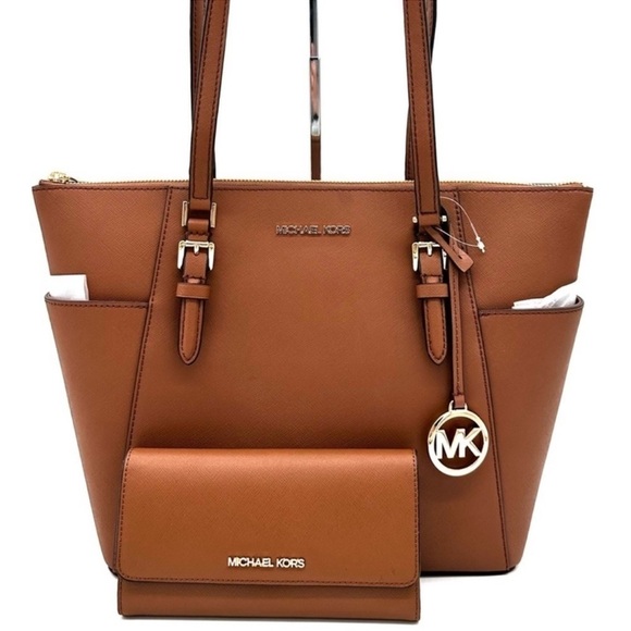 Michael Kors Large Charlotte Tote Bag & Trifold Wallet Matching Set Luggage - Picture 1 of 14